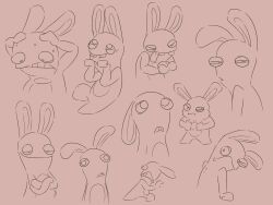  2024 4:3 ambiguous_anthro ambiguous_gender angry anthro arms_bent bite biting_lip biting_own_lip bodily_fluids brown_background brown_body brown_eyes brown_fur brown_sclera brown_tongue buckteeth closed_frown closed_smile crossed_arms derp_eyes digital_drawing_(artwork) digital_media_(artwork) english_description featureless_crotch featureless_legs fist frown fur group half-closed_eyes hands_together hi_res insertthenewblhere lagomorph long_ears looking_back mammal mitten_hands mouth_closed narrowed_eyes no_eyebrows no_pupils noseless nude_ambiguous nude_anthro open_mouth puffed_cheeks rabbid raving_rabbids rayman_(series) sad self_bite short_legs simple_background sketch_page smile smug_grin squint standing stressed sweat teeth tongue tongue_out ubisoft 