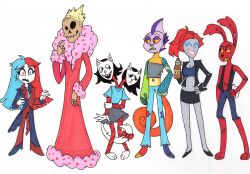  2_heads 4_fingers absurd_res alternate_species alternate_universe anthro black_bottomwear black_clothing black_footwear black_jacket black_shoes black_skirt black_topwear bone bottomwear brown_body brown_skin clothing ear_fins facial_piercing female fin fingers footwear fur gangle_(tadc) glistening glistening_body glitch_productions group hair hand_on_hip hand_on_own_hip hazbin_hotel hellaverse heterochromia hi_res humanoid jacket kinger_(tadc) lagomorph leporid male mammal marker_(artwork) mohawk multi_head navel navel_piercing nose_piercing nose_ring open_mouth pants piercing pomni_(tadc) purple_body purple_scales rabbit ragatha_(tadc) red_body red_fur red_hair ring_piercing scales seeonleme sharp_teeth simple_background sinner_demon size_difference skirt skull skull_head standing tagme teeth the_amazing_digital_circus topwear torn_bottomwear torn_clothing torn_pants traditional_media_(artwork) white_background zooble_(tadc) 