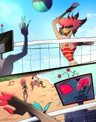  2025 4_fingers absurd_res alastor_(hazbin_hotel) anglerfish animal_ears animal_humanoid antennae_(anatomy) antlers arthropod ball baxter_(hazbin_hotel) beach bikini black_bikini black_clothing black_hair black_speedo black_swimwear blue_body blue_eyes blue_skin blue_sky boots broken_screen brown_body brown_skin cellphone chair clothing cyclops day deer deer_humanoid demon demon_humanoid detailed_background digital_drawing_(artwork) digital_media_(artwork) electronics eyewear female fingers fish fool&#039;s_hat footwear for_a_head fur furniture grey_body grey_skin group hair hat hazbin_hotel headgear headwear heart_sunglasses hellaverse hi_res high_heeled_boots high_heels horn humanoid insects kitty_(hazbin_hotel) lepidopteran lounge_chair machine male mammal mammal_humanoid marine moth multicolored_hair net niffty_(hazbin_hotel) object_head open_mouth open_smile outside phone pinksartdump purple_body purple_fur red_bikini red_clothing red_hair red_sclera red_swimwear robot robot_humanoid sand_castle screen screen_face screen_head sculpture sea seaside sharp_teeth shoes sky smartphone smile speedo sport sunglasses swimwear taking_picture tan_body tan_skin teeth television tv_head two-piece_swimsuit two_tone_hair valentino_(hazbin_hotel) velvette_(hazbin_hotel) volleyball volleyball_(ball) volleyball_net vox_(hazbin_hotel) water white_body white_hair white_skin 
