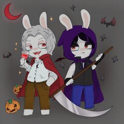  1:1 2025 alcohol ambiguous_feral ambiguous_gender anthro bat beverage black_body black_clothing black_eyeliner black_eyeshadow black_hair black_shirt black_topwear blue_bottomwear blue_clothing blue_pants bottomwear brown_bottomwear brown_clothing brown_pants cape cloak closed_frown clothed clothed_anthro clothed_male clothing colored container crescent_moon cross cup digital_drawing_(artwork) digital_media_(artwork) drinking_glass duo_focus english_description eyeliner eyeshadow fan_character fangs featureless_legs feral frown fully_clothed fully_clothed_anthro fully_clothed_male fur glass glass_container glass_cup grey_background grey_hair group hair half-closed_eyes halloween hand_in_pocket hi_res highlights_(coloring) holding_container holding_cup holding_drinking_glass holding_melee_weapon holding_object holding_polearm holding_scythe holding_weapon holding_wine_glass holidays hood_up hooded_cloak jewelry lagomorph light lighting long_ears makeup male male_anthro mammal medium_hair melee_weapon membrane_(anatomy) membranous_wings moon mouth_closed multicolored_hair narrowed_eyes necklace noseless pants peypey_mei1925 pockets polearm purple_cloak purple_clothing purple_highlights rabbid rabbid_goth_noel raving_rabbids rayman_(series) red_cape red_clothing red_eyes red_tongue red_wings scythe shaded shirt simple_background sparkles straight_legs tan_body tan_eyelids tan_inner_ear tan_skin teeth thin_eyebrows tongue topwear two_tone_hair ubisoft vampire weapon white_body white_fur wine wine_glass wings 