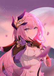  absurdres black_gloves black_shrug blue_eyes breasts chinese_commentary commentary_request corset elf elysia_(honkai_impact) elysia_(miss_pink_elf)_(honkai_impact) falling_petals female full_moon gloves hair_ornament highres honkai_(series) honkai_impact_3rd hui_night large_breasts looking_at_viewer moon parted_lips petals pink_hair pointy_ears shrug_(clothing) sky solo star_(sky) starry_sky white_corset 