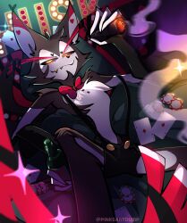  2025 4_fingers absurd_res anthro artist_name bedroom_eyes beer_bottle black_body black_fur black_sclera bottle bow_tie card cat_demon cigar claws container demon digital_drawing_(artwork) digital_media_(artwork) domestic_cat feathered_wings feathers felid feline felis finger_claws fingers fluffy fluffy_chest fur hazbin_hotel hellaverse hi_res holding_cigar holding_object husk_(hazbin_hotel) long_tail looking_at_viewer lying male mammal multicolored_body multicolored_fur narrowed_eyes on_back pinksartdump playing_card poker_chip seductive smile snaggle_teeth solo suspenders tail text two_tone_body two_tone_fur watermark white_body white_fur wings yellow_eyes 