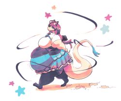  accessory anthro belly big_belly biped black_bow blue_bottomwear blue_clothing blue_skirt blue_star bottomwear bow_ribbon clothing dragon drop_pop_candy female footprint full-length_portrait hair hair_accessory hair_ribbon hairbow head_turned hi_res huge_belly long_hair looking_at_viewer miluinaoxie mythological_creature mythological_scalie mythology portrait red_hair red_star ribbons scalie shirt side_view skirt solo tail tan_body tan_tail thick_thighs topwear vocaloid walking white_clothing white_shirt white_topwear 