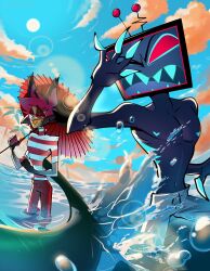  2025 4_fingers alastor_(hazbin_hotel) animal_ears animal_humanoid antlers artist_name beach beach_umbrella black_hair blue_body blue_clothing blue_skin blue_sky blue_swimming_trunks blue_swimwear claws clothing day deer deer_humanoid demon demon_humanoid duo electronics finger_claws fingers for_a_head hair hazbin_hotel hellaverse hi_res horn humanoid male mammal mammal_humanoid multicolored_hair navel object_head open_mouth outside parasol pinksartdump red_eyes red_hair red_sclera screen screen_face screen_head sea sharp_teeth short_hair sky smile splash swimming_trunks swimwear teeth television tentacle text tv_head two_tone_hair vox_(hazbin_hotel) water watermark 