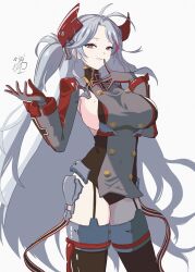  absurdres antenna_hair azur_lane black_leotard black_thighhighs breasts cowboy_shot cropped_jacket cross dress female grey_dress grey_hair hair_between_eyes headgear highres iron_cross large_breasts leotard leotard_under_clothes long_hair looking_at_viewer mole mole_on_breast mononokeotoko01 multicolored_hair prinz_eugen_(azur_lane) sideboob signature smile solo streaked_hair thighhighs two_side_up white_background 