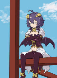  ahoge birthday corset cross cross_pasties crossed_arms elbow_gloves female gloves heart heart_ahoge highres horns magia_baiser magical_girl mahou_shoujo_ni_akogarete navel pants pasties purple_corset purple_hair purple_pants short_hair shrug_(clothing) sitting suzunari_sakuya white_shrug yellow_eyes 