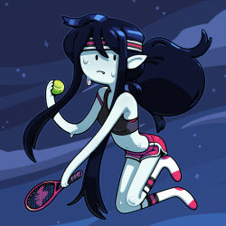  2025 accessory adventure_time anthro ball black_hair bodily_fluids bottomwear cartoon_network clothing crop_top demon discount-supervillain dolphin_shorts female footwear grey_body grey_skin hair headband holding_ball holding_object humanoid humanoid_pointy_ears mammal marceline_abadeer midriff night not_furry pointy_ears ponytail shirt shorts socks solo sweat tennis_ball tennis_racket topwear vampire 