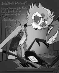  2025 anthro atimon avian badge beak blitzo_(helluva_boss) blush blush_lines chair chest_tuft clenched_teeth clothed clothing collar collar_tag computer demon desk dialogue duo electronics fangs feathers fingerless_gloves furniture gloves handwear hellaverse helluva_boss hi_res imp male multi_eye open_mouth paper shirt signature smile stolas_(helluva_boss) table tank_top teeth text topwear tuft 