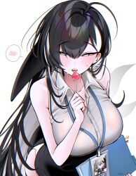  absurdres bare_shoulders black_hair black_skirt blush breasts candy collarbone collared_shirt commentary_request fangs female folder food hair_between_eyes hand_up haze_(7h4ze) highres holding holding_candy holding_folder holding_food holding_lollipop id_card lanyard large_breasts lollipop long_hair looking_at_viewer multicolored_hair office_lady open_mouth orca_(haze_(7h4ze)) orca_girl original pencil_skirt shirt simple_background skirt sleeveless sleeveless_shirt sweatdrop teeth two-tone_hair upper_body upper_teeth_only white_background white_eyes white_hair white_shirt white_streaks 
