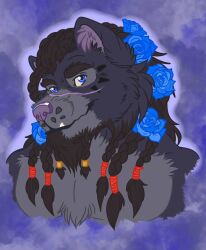  anthro arcturus_star_of_the_west blue_eyes braided_hair canid canine canis demon desertfluff/k.o.arts flower fur grey_body grey_fur hair headshot_portrait hi_res male mammal mythological_canine mythological_creature mythology plant portrait rose_(flower) solo werecanid werecanine werecreature werewolf wolf 