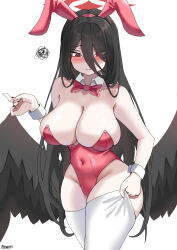  absurdres animal_ear_hairband animal_ears black_hair black_wings blue_archive blush bow bowtie breasts detached_collar english_commentary fake_animal_ears female hair_between_eyes hairband halo hasumi_(blue_archive) highres large_breasts leotard long_hair long_hair_between_eyes low_wings mole mole_under_eye nose_blush oversized_wings playboy_bunny rabbit_ears red_bow red_bowtie red_eyes red_halo red_leotard red_thighhighs ryonikos simple_background solo squiggle strapless strapless_leotard thighhighs undersized_breast_cup white_eyes wings wrist_cuffs 