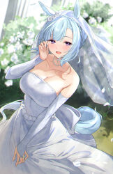  animal_ears bare_shoulders blue_hair blush braid breasts bridal_gauntlets bridal_veil bride cleavage collarbone crown_braid dress ear_flower ear_ornament female flower highres horse_ears horse_girl horse_tail jewelry large_breasts long_hair looking_at_viewer mejiro_ardan_(umamusume) meyamu necklace off-shoulder_dress off_shoulder open_mouth pearl_necklace petals purple_eyes rose smile solo strapless strapless_dress tail umamusume veil wedding wedding_dress white_dress white_flower white_rose white_veil 