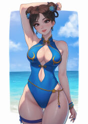  arm_up armpits ass_visible_through_thighs bare_arms bare_shoulders bead_bracelet beads belly_chain blue_flower blue_nails blue_one-piece_swimsuit blue_sky border bracelet braid breasts brown_eyes brown_hair bun_with_braided_base casual_one-piece_swimsuit chun-li cloud commentary_request cowboy_shot double_bun earrings female fingernails flower hair_bun hair_flower hair_ornament highleg highleg_one-piece_swimsuit highres horizon jewelry large_breasts legs_together light_smile looking_at_viewer nail_polish ocean official_alternate_costume one-piece_swimsuit outside_border sky solo standing street_fighter street_fighter_6 swimsuit teardrop_earrings thigh_gap thigh_strap umigraphics water white_border 
