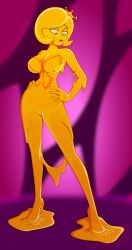  2025 5_fingers absurd_res adult_swim after_transformation artist_logo blue_eyes breasts cartoon_network crown digital_drawing_(artwork) digital_media_(artwork) doctor_girlfriend dr._mrs._the_monarch english_description eversonitro featureless_breasts featureless_crotch female fingers goo_creature goo_humanoid goo_transformation hand_on_hip hand_on_own_hip headgear hi_res humanoid logo looking_at_self looking_down mouth_closed purple_background simple_background solo species_transformation standing the_venture_bros. transformation yellow_body yellow_sclera yellow_skin 