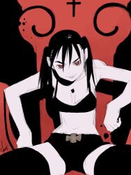 archived_source artist_name black_bra black_hair black_shorts black_thighhighs bra bright_pupils buckle closed_mouth commentary_request cross female latin_cross limited_palette long_bangs looking_at_viewer lowres navel original red_background red_eyes shorts signature sitting solo tanaka_kunihiko thighhighs twintails underwear white_pupils 