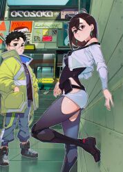  1boy :&lt; :o against_wall artist_name ayase_momo black_boots black_hair black_leotard black_shirt black_shoes blue_pants boots breasts brown_eyes brown_hair cesar_art456 clothing_cutout commentary_request copyright_name cosplay cropped_jacket cross cross_necklace crossed_bangs cyberpunk:_edgerunners cyberpunk_(series) dandadan david_martinez david_martinez_(cosplay) day earrings female foot_out_of_frame glasses hair_between_eyes hands_in_pocket high_tops highleg highleg_leotard highres hip_vent jacket jewelry leotard light_blush looking_at_viewer lucy_(cyberpunk) lucy_(cyberpunk)_(cosplay) medium_breasts micro_shorts necklace off-shoulder_jacket off_shoulder outdoors pants parted_lips round_eyewear samurai_jacket_(cyberpunk) serpo_(dandadan) shirt shoes short_hair shorts sneakers solo spanish_commentary standing standing_on_one_leg takakura_ken_(dandadan) white_jacket white_shorts yellow_jacket 