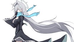  absurdres animal_ear_fluff animal_ears black_choker black_dress black_halo blue_archive blue_scarf breasts broken_halo choker cross cross_hair_ornament dress extra_ears female grey_hair hair_ornament halo hashtag-only_commentary highres inverted_cross large_breasts long_hair mmhomm scarf shiroko_terror_(blue_archive) solo white_background wolf_ears wolf_girl 