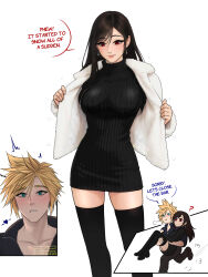  1boy ? ^^^ absurdres alternate_costume arrow_through_heart azezazel black_hair black_thighhighs blonde_hair blue_eyes blush breasts carrying cloud_strife couple dress earrings english_commentary english_text feet_out_of_frame female final_fantasy final_fantasy_vii final_fantasy_vii:_advent_children fur_jacket hair_behind_ear hair_between_eyes highres jacket jewelry large_breasts lips long_hair motion_lines open_clothes open_jacket parted_lips pink_lips princess_carry puff_of_air red_eyes running signature simple_background skindentation snow speech_bubble spiked_hair straight surprised sweater sweater_dress teardrop_earrings thighhighs tifa_lockhart tight_clothes turtleneck turtleneck_sweater twitter_username white_background white_jacket winter_clothes zettai_ryouiki 