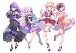  1other 25-ji_nightcord_de._(project_sekai) 3girls ;d akiyama_mizuki ankle_boots asahina_mafuyu bare_shoulders belt black_hair black_shirt black_shoes black_sleeves blue_eyes blush boots bow bowtie breasts brown_eyes brown_hair closed_mouth commentary_request detached_sleeves dress earrings flower frilled_wrist_cuffs frills full_body gin_(gin937) gold_necklace grey_hair grey_shoes hair_flower hair_ornament hair_ribbon high_heels invisible_chair jewelry layered_sleeves long_dress long_hair long_sleeves looking_at_viewer loose_belt medium_breasts multiple_girls necklace off-shoulder_dress off_shoulder one_eye_closed open_hand open_hands open_mouth pendant pink_bow pink_eyes pink_hair project_sekai purple_bow purple_eyes purple_flower purple_hair purple_ribbon purple_skirt red_dress ribbon shinonome_ena shirt shoes short_hair side_ponytail simple_background sitting skirt skirt_hold small_breasts smile standing standing_on_one_leg very_long_hair waist_bow waist_ribbon wallet_chain white_background white_belt white_boots white_bow white_bowtie white_flower white_wrist_cuffs wrist_cuffs yellow_dress yoisaki_kanade 