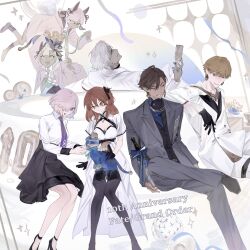  3girls 4boys ahoge alternate_costume animal_on_lap anniversary black_choker black_gloves black_pantyhose black_ribbon black_shirt black_shoes black_skirt black_socks blue_streaks boy_vajra_(celebratory_attire)_(fate) boy_vajra_(fate) buttons cat_on_lap chaldea_logo champagne_bottle choker closed_eyes closed_mouth collared_shirt collared_shrug colored_skin commentary copyright_name cosmo_sphinx cowboy_shot cup dark-skinned_male dark_skin dress earrings english_text fate/grand_order fate_(series) feet_out_of_frame feline foot_out_of_frame fujimaru_ritsuka_(female) fujimaru_ritsuka_(female)_(fgo_fes._2025) full_body gilgamesh_(fate) girl_vajra_(celebratory_attire)_(fate) girl_vajra_(fate) gloves grey_pants grey_skin grey_suit hair_over_one_eye high_heels highres holding holding_cup indra_(celebratory_attire)_(fate) indra_(fate) jacket jewelry layered_skirt long_sleeves looking_at_animal looking_at_another looking_at_viewer looking_back looking_down lower_teeth_only mash_kyrielight mash_kyrielight_(fgo_fes._2025) medium_hair multiple_boys multiple_girls multiple_necklaces multiple_rings necktie official_alternate_costume on_lap open_mouth ozymandias_(fate) pants pantyhose petting pink_jacket print_jacket purple_necktie ribbon ring shirt shoes short_hair shrug_(clothing) side_ponytail skirt smile smirk socks star_(symbol) suit symbol-only_commentary teeth thigh_strap waist_ribbon white_dress white_pants white_shirt white_shrug white_suit wo_do 