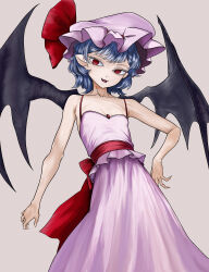  absurdres bare_shoulders bat_wings breasts camisole cleavage collarbone eyamigusa8823 female flat_chest frilled_hat frills grey_background hat hat_ribbon highres mob_cap purple_hair red_eyes red_ribbon remilia_scarlet ribbon short_hair simple_background skirt solo spaghetti_strap touhou waist_ribbon white_camisole white_hat white_skirt wings 