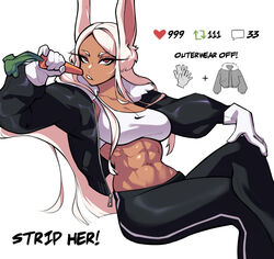  1girls 2022 abs bare_midriff belly black_jacket black_pants bra breasts bunny_ears carrot dark-skinned_female dark_skin eating eating_food english_text eyelashes female female_focus female_only fully_clothed gloves holding_carrot holding_food jacket large_breasts long_hair long_white_hair looking_at_viewer midriff miruko moiyablochki muscular muscular_female my_hero_academia navel red_eyes rumi_usagiyama sitting solo solo_female solo_focus sports_bra strip_game tan_skin text thick_thighs thighs track_pants white_bra white_hair white_sports_bra 