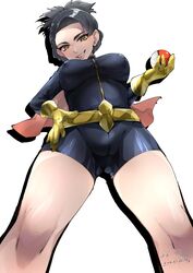  absurdres black_bodysuit black_hair bodysuit cape covered_nipples dragon_tamer_(pokemon) female gloves gold_belt gold_gloves grin highres holding holding_poke_ball ka_ei_volltis poke_ball poke_ball_(basic) pokemon pokemon_sv ponytail single_hair_intake smile yellow_eyes 