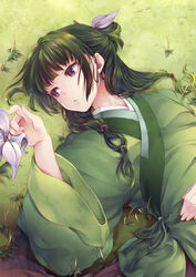  aoqun bad_id bad_pixiv_id beads chinese_clothes commentary_request female flat_chest flower freckles grass green_hair green_theme hair_beads hair_ornament hair_ribbon half_updo hand_on_own_stomach hanfu jiaoling_ruqun kusuriya_no_hitorigoto long_hair long_sleeves looking_to_the_side low-tied_long_hair lying maomao_(kusuriya_no_hitorigoto) multi-tied_hair nature on_back on_ground photoshop_(medium) purple_eyes reaching ribbon ruqun solo upper_body wide_sleeves yue_(lov_n_n) 