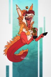  2017 anthro black_hooves black_sclera bodily_fluids crown dated ear_piercing ear_stud featureless_crotch food full-length_portrait fur glistening glistening_eyes headgear hi_res holding_food holding_object holding_taco hooves male mane mouth_shot nude open_mouth orange_body orange_fur orange_mane orange_teeth piercing portrait red_body red_eyes red_fur red_tail red_tongue riorix saliva saliva_string signature simple_background solo species_request striped_tongue taco tail teeth tongue uvula 