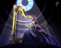  black_dress closed_eyes commentary_request dress female full_body harp instrument jewelry light long_hair marco_albiero music necklace pandora_(saint_seiya) playing_instrument purple_hair saint_seiya signature sitting solo sparkle very_long_hair wide_sleeves window 