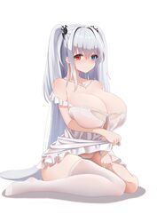  absurdres azur_lane babydoll bare_shoulders blue_eyes breasts cleavage clothing_cutout collarbone dress elbing_(azur_lane) elbing_(sleepless_night&#039;s_wishes)_(azur_lane) female flashing heterochromia highres huge_breasts lace lace-trimmed_dress lace_panties lace_trim lifting_own_clothes long_hair looking_at_viewer nightgown no_shoes official_alternate_costume panties qian_hen red_eyes simple_background single_thighhigh sitting solo strapless thighhighs underboob_cutout underwear very_long_hair white_babydoll white_background white_hair white_nightgown white_panties white_thighhighs 