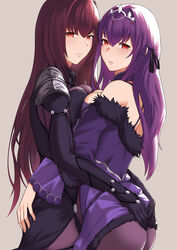  2girls armor ass bare_shoulders bbk_(13zk) bodysuit breast_press breasts cleavage clothes_lift detached_collar dress dress_lift fate/grand_order fate_(series) feather_trim hair_between_eyes highres jewelry large_breasts long_hair long_sleeves looking_at_viewer multiple_girls pantyhose pauldrons pendant purple_bodysuit purple_dress purple_hair purple_legwear red_eyes scathach_(fate) scathach_skadi_(fate) shoulder_armor smile symmetrical_docking thighs tiara yuri 