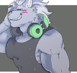  anthro biceps blue_body blue_fur cddi_h clothing electronics fur green_hair grin hair headphones headphones_around_neck hi_res hyena lifewonders male mammal mane mane_hair muscular muscular_anthro muscular_male nyarlathotep_(tas) shirt smile solo tank_top tokyo_afterschool_summoners topwear 