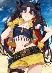  bandaid_on_stomach bandeau bare_shoulders belt black_belt black_hair black_ribbon blue_sky blush breasts closed_mouth collarbone commentary cropped_vest earrings fate/grand_order fate_(series) female fingerless_gloves fringe_trim gloves gun hair_ribbon highres holster hoop_earrings ishtar_(fate) jewelry karen_ngao long_hair looking_at_viewer multicolored_hair navel one_eye_closed parted_bangs red_eyes red_hair ribbon shorts sky small_breasts smile solo space_ishtar_(fate) space_ishtar_(second_ascension)_(fate) thighs two-tone_hair two_side_up vest weapon yellow_gloves yellow_shorts yellow_vest 