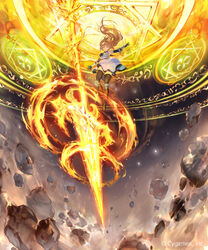  anne_(shingeki_no_bahamut) armpits bare_shoulders black_thighhighs blonde_hair dress elbow_gloves explosion female fire flaming_spear flaming_weapon floating floating_object floating_weapon from_below full_body gloves green_eyes hexagram knee_pads kouyafu long_hair looking_at_viewer magic magic_circle manaria_friends official_art outstretched_arm shingeki_no_bahamut sleeveless sleeveless_dress solo thighhighs weapon white_dress 