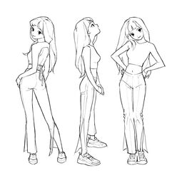  back_cutout breasts clothing_cutout contrapposto crop_top facing_viewer female from_behind from_side hands_on_own_hips head_tilt highres kimura_731 light_smile long_hair looking_at_viewer looking_back looking_up medium_breasts midriff monochrome multiple_views navel original pants profile shoes sleeves_past_wrists sneakers standing 