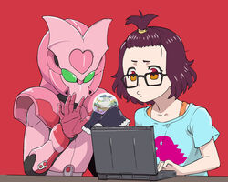  2girls bangs_pinned_back blue_shirt brown_eyes commentary_request computer crossover godzilla_(series) godzilla_singular_point highres kamino_mei kikai_sentai_zenkaiger laptop magine mecha miyamoto_yume multiple_girls o3o print_shirt puckered_lips red_background red_hair robot shirt short_hair short_sleeves simple_background super_sentai tokusatsu ueyama_michirou voice_actor_connection 