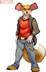  anthro bastionshadowpaw big_tail bottomwear canid canine chains claws clothed clothing elephant elephantid fox fur hi_res hybrid jacket jewelry looking_at_viewer male mammal necklace pants paws pholidine porcupine pose proboscidean rodent shirt simple_background smile solo tail topwear tripwire_(character) tusks 