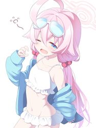  ;d ahoge animal_ears bad_id bad_twitter_id bare_shoulders bikini bikini_under_clothes blue_archive blue_eyes blue_jacket blush bow collarbone eyewear_on_head female frilled_bikini frills groin hair_between_eyes hair_bobbles hair_ornament halo hand_up highres hoshino_(blue_archive) hoshino_(swimsuit)_(blue_archive) inactive_account jacket long_hair long_sleeves low_twintails navel oerba_yun_fang off_shoulder one_eye_closed open_clothes open_mouth pink_hair pink_halo simple_background sleepy sleeves_past_wrists smile solo standing sunglasses swimsuit tatsuya_(trypaint) twintails very_long_hair white_background white_bikini 