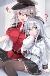  2girls ? belt black_headwear black_pantyhose black_sailor_collar black_skirt black_thighhighs blue_eyes breasts commentary_request cowboy_shot duplicate fathom flat_cap gangut_(kancolle) gangut_dva_(kancolle) grey_hair hammer_and_sickle hat hibiki_(kancolle) highres jacket jacket_on_shoulders kantai_collection large_breasts long_hair military_hat miniskirt multiple_girls pantyhose peaked_cap pleated_skirt red_eyes red_shirt sailor_collar scar scar_on_cheek scar_on_face school_uniform serafuku shirt short_sleeves sitting skirt sparkle thighhighs unworn_hat unworn_headwear verniy_(kancolle) white_jacket 