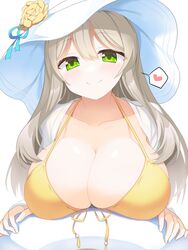  bad_id bad_twitter_id ball bikini bikini_under_clothes blue_archive blush breast_rest breasts brown_hair cleavage closed_mouth collarbone commentary female flower front-tie_bikini_top front-tie_top green_eyes hair_between_eyes hat hat_flower heart highres huge_breasts inactive_account long_hair looking_at_viewer nonomi_(blue_archive) nonomi_(swimsuit)_(blue_archive) official_alternate_costume open_clothes ribbon shirt simple_background smile solo spoken_heart string_bikini sun_hat swimsuit tatsuya_(trypaint) upper_body white_background white_hat yellow_bikini 