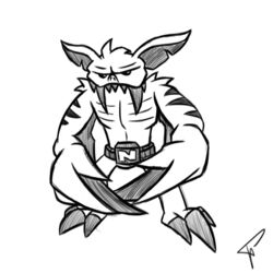  1:1 2021 activision ambiguous_gender anthro battler_(crash_bandicoot) belt biped claws crash_(series) fangs feet front_view full-length_portrait monochrome portrait simple_background solo standing talons teeth titan_(crash_bandicoot) toe_claws toes white_background zikkeboi 