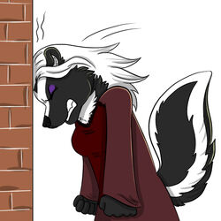  1:1 annoyed anthro clothing fist foxyruby frustrated mammal mephitid pain purple_eyes red_clothing simple_background skunk solo tail tail_motion tailwag telegram_sticker twillight_(twillightskunk) wall_(structure) white_background 