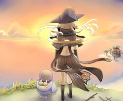  brown_cape brown_capelet brown_footwear brown_gloves cape capelet cliff cloud commentary_request female fingerless_gloves from_behind full_body gazebo gloves grass island long_hair negi_mugiya ocean orange_sky outdoors palm_tree ragnarok_online sage_(ragnarok_online) seal_(ragnarok_online) shoes sky standing striped striped_cape striped_capelet sunset tree vertical-striped_cape vertical-striped_capelet vertical_stripes waist_cape water 