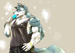  2021 anthro biceps canid canine canis clothed clothing domestic_dog food fur hair hi_res kemono lost_out_gi male mammal multicolored_body multicolored_fur multicolored_hair muscular muscular_anthro muscular_male pecs popsicle simple_background solo topwear 