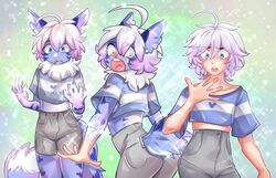  2019 anthro anthro_to_human ass base_one_layout basic_sequence blue_body blue_eyes blue_fur blush clothed clothing digital_media_(artwork) domestic_cat felid feline felis femboy fur hair heart_symbol human linear_sequence male mammal off_shoulder one_row_layout open_mouth purple_hair sequence shirt shocked short_hair simon_(villmix) simple_background solo species_transformation three_frame_image three_frame_sequence tongue topwear transformation transformation_sequence villmix 