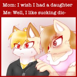  1:1 anthro blonde_hair blush bodily_fluids border clothing digital_media_(artwork) dog_tags domestic_cat duo english_text felid feline felis female hair hi_res humor male mammal meme mother_(lore) mother_and_child_(lore) mother_and_son_(lore) parent_(lore) parent_and_child_(lore) parent_and_son_(lore) red_border red_eyes shaded son_(lore) stated_homosexuality stated_sexuality sweat talia_(tasticstarlight) tasticstarlight text 