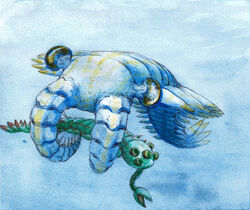  2017 5_eyes ambiguous_gender anomalocarid anomalocaris armel_(artist) arthropod blue_body caught duo feral green_body green_eyes marine multi_eye opabinia painting_(artwork) predator/prey red_stripes stripes traditional_media_(artwork) underwater water watercolor_(artwork) yellow_eyes yellow_stripes 