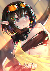  3: arknights bandeau bare_shoulders black_hair blurry blush breasts depth_of_field eunectes_(arknights) female goggles goggles_on_head highres large_breasts lizard_tail looking_away midriff nose_blush pointy_ears purple_eyes revealing_clothes scarf see-through short_hair sidelocks solo tail torn_clothes upper_body xion32 