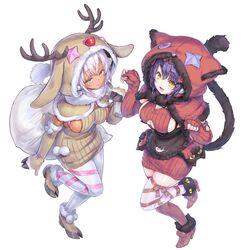  2girls absurdres alternate_skin_color animal_hood apron black_apron black_hair breasts brown_capelet brown_dress brown_footwear brown_gloves capelet cat_hood cat_tail christmas cleavage_cutout closed_mouth clothing_cutout commentary_request dark-skinned_female dark_skin dress dual_persona elbow_gloves english_commentary fangs fingerless_gloves fur-trimmed_capelet fur-trimmed_gloves fur-trimmed_hood fur_trim gloves half-closed_eyes high_heels highres holding holding_sack hood hood_up hoof_gloves hoof_shoes indie_virtual_youtuber kiyama_satoshi kuroike_momimi leg_ribbon leg_up looking_at_viewer mixed-language_commentary multiple_girls open_mouth over_shoulder pantyhose paw_pose pouch red_dress red_footwear red_gloves reindeer_hood ribbed_dress ribbed_gloves ribbon sack short_dress short_hair side_cutout sideboob simple_background skindentation smile standing standing_on_one_leg tail thighhighs virtual_youtuber waist_apron white_background white_hair white_pantyhose white_thighhighs yellow_eyes 